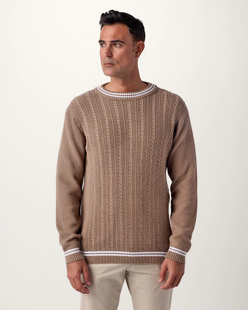 Varsity Cable Knit Cotton Crewneck Sweater - Image 3